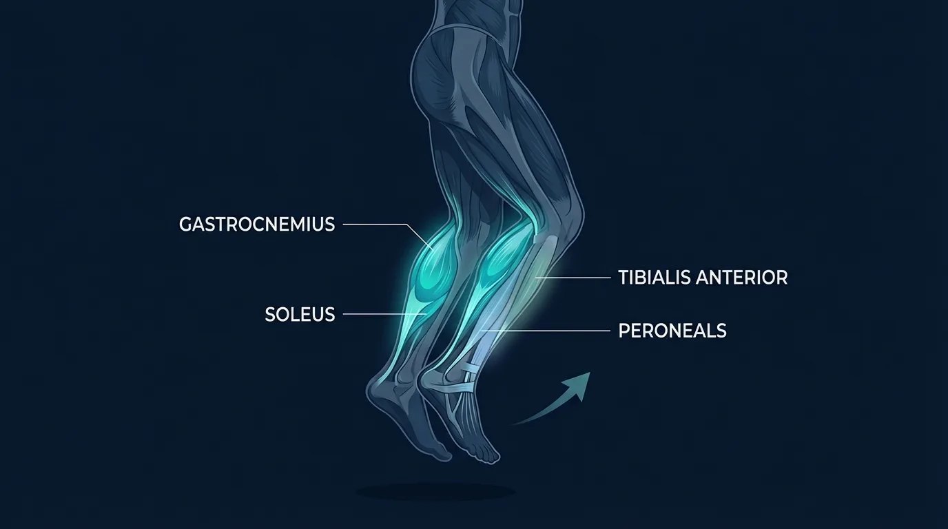 Aktivierte Muskeln bei Calf Hops: Gastrocnemius und Soleus als Hauptmotoren, mit Tibialis anterior, Peroneal-Muskeln und Core, die Sprunggelenk und Rumpf während des plyometrischen Bodenkontakts stabilisieren