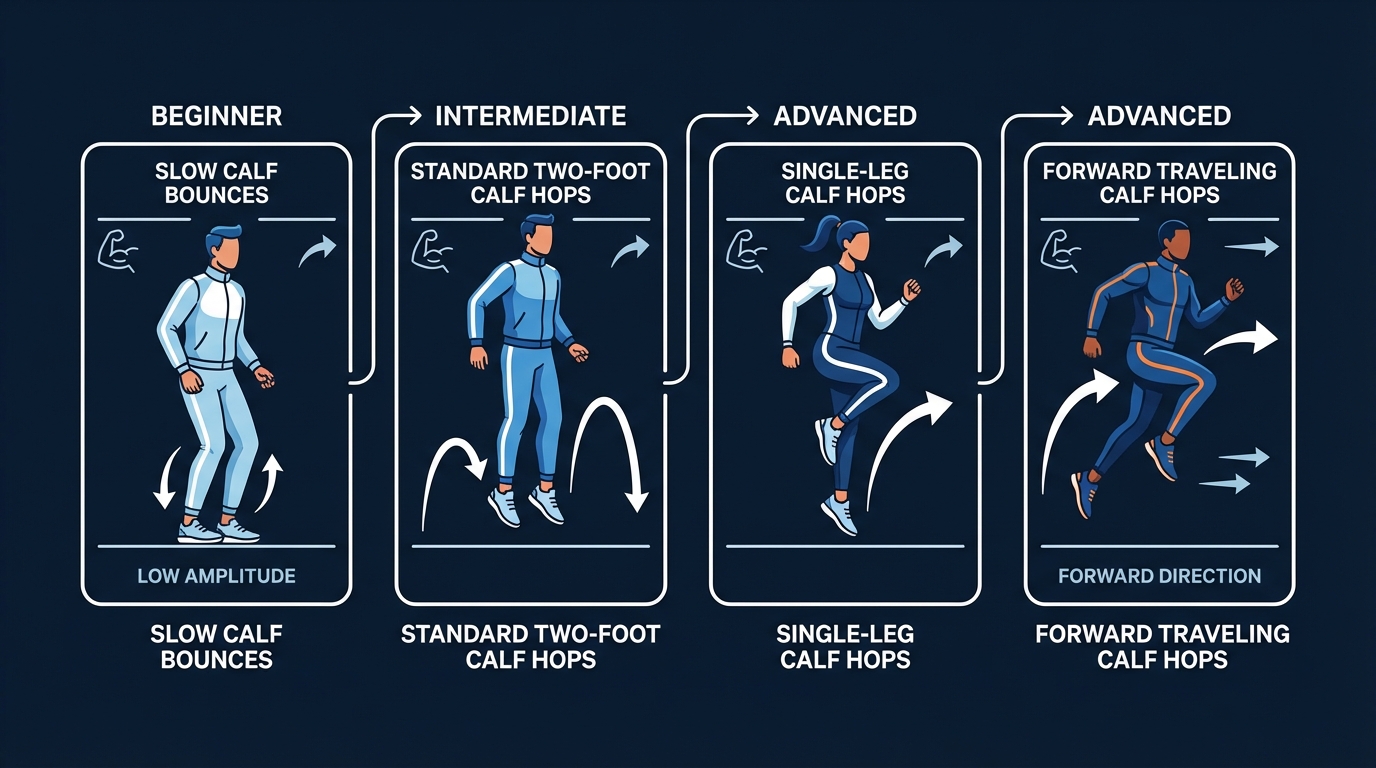 Calf hop progressions from two-foot stationary hops to single-leg hops to forward traveling calf hops