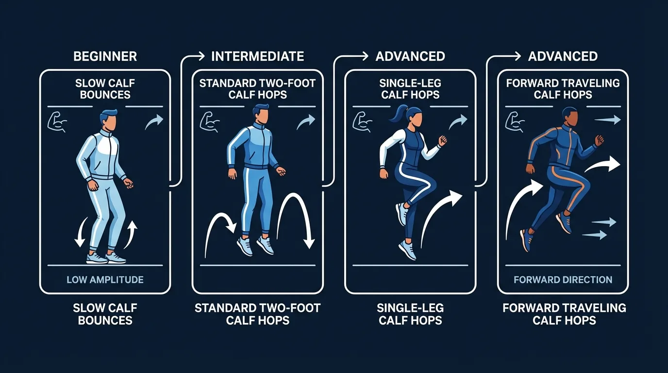 Calf Hop Progressionspfad von langsamen Wadenfederungen auf beiden Beinen (Anfänger) zu Standard-Calf-Hops auf beiden Beinen (fortgeschritten) zu einbeinigen und vorwärts wandernden Calf Hops (Profi)