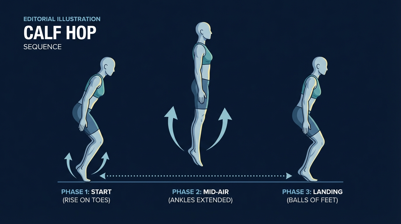 Calf hop proper form showing ankle extension, minimal knee bend, and balls-of-feet landing position