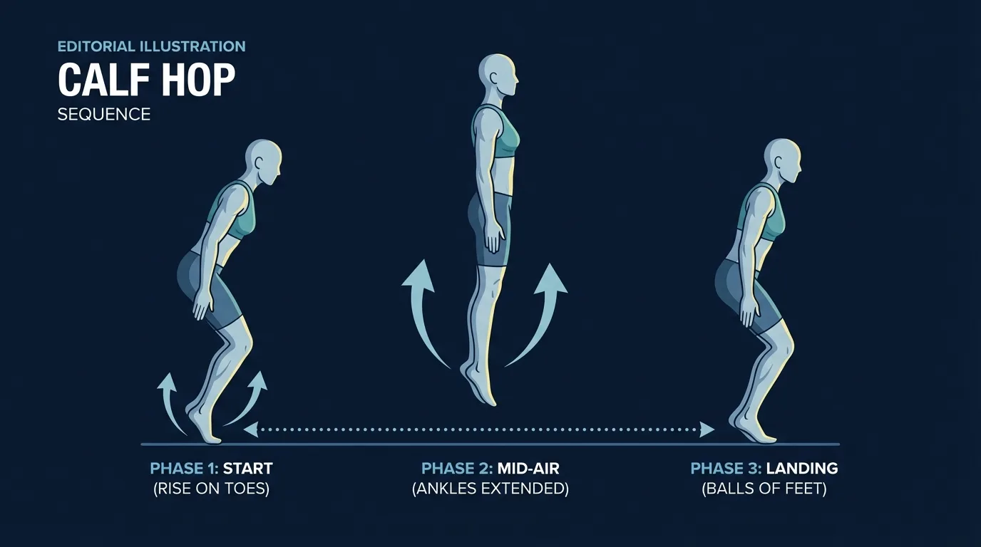 Calf Hops richtige Form: Sprunggelenke am höchsten Punkt voll gestreckt, Knie fast gerade mit nur leichter Beugung, Körpergewicht auf den Fußballen, Fersen schweben bei jeder Landung über dem Boden