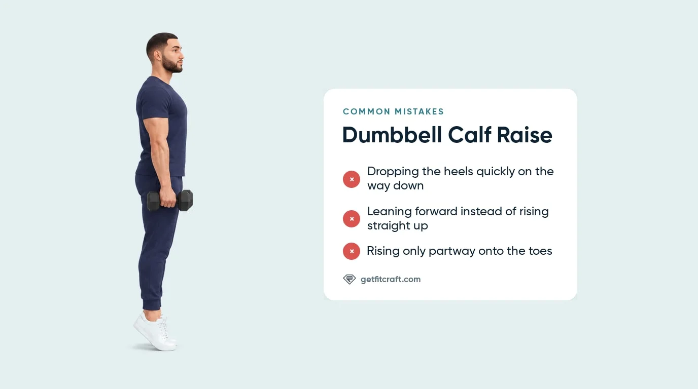 Calf raises common mistakes listed beside the correct form: standing tall, heels high, dumbbells hanging at the sides