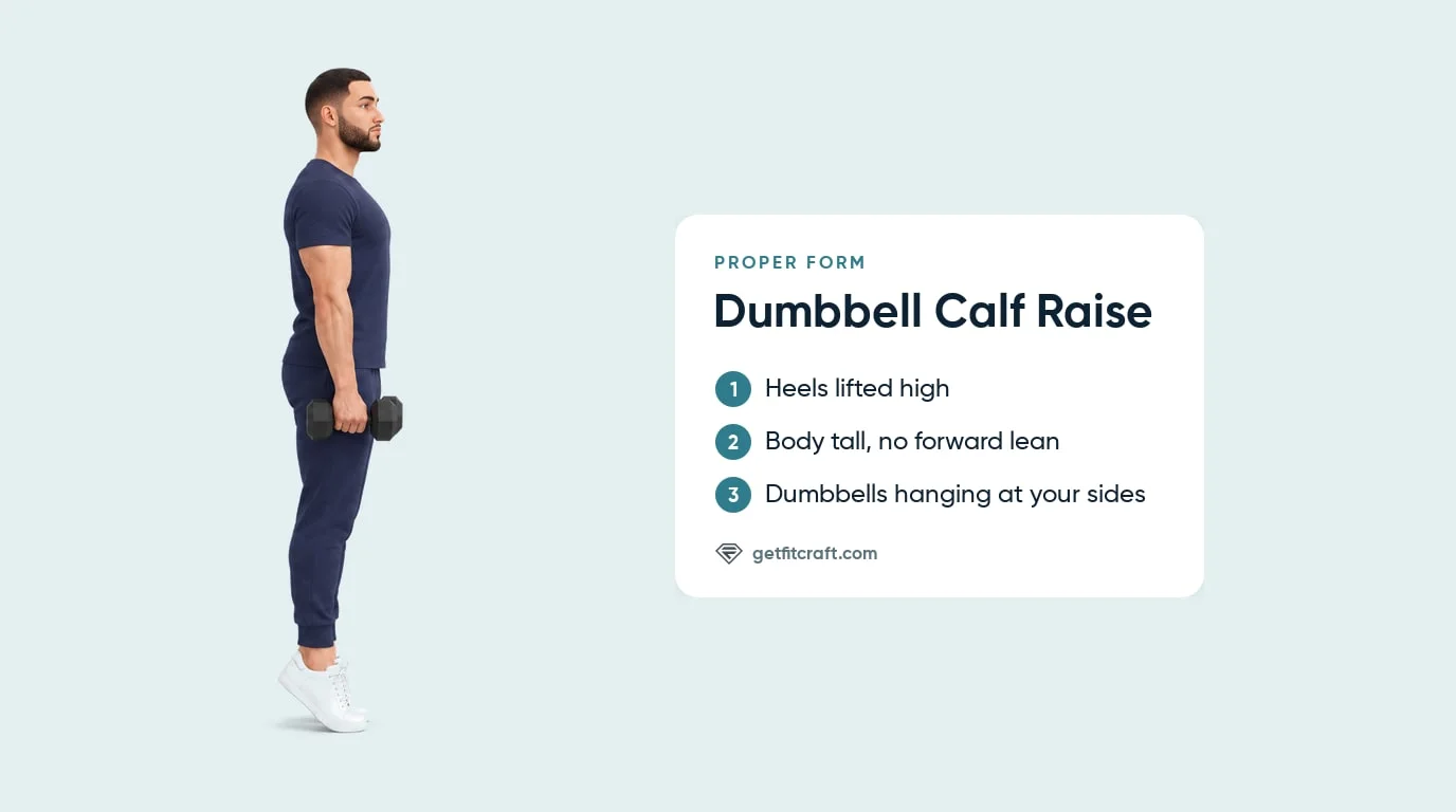 Calf raise exercise proper form with dumbbells: standing tall, heels lifted high, no forward lean, weights at the sides