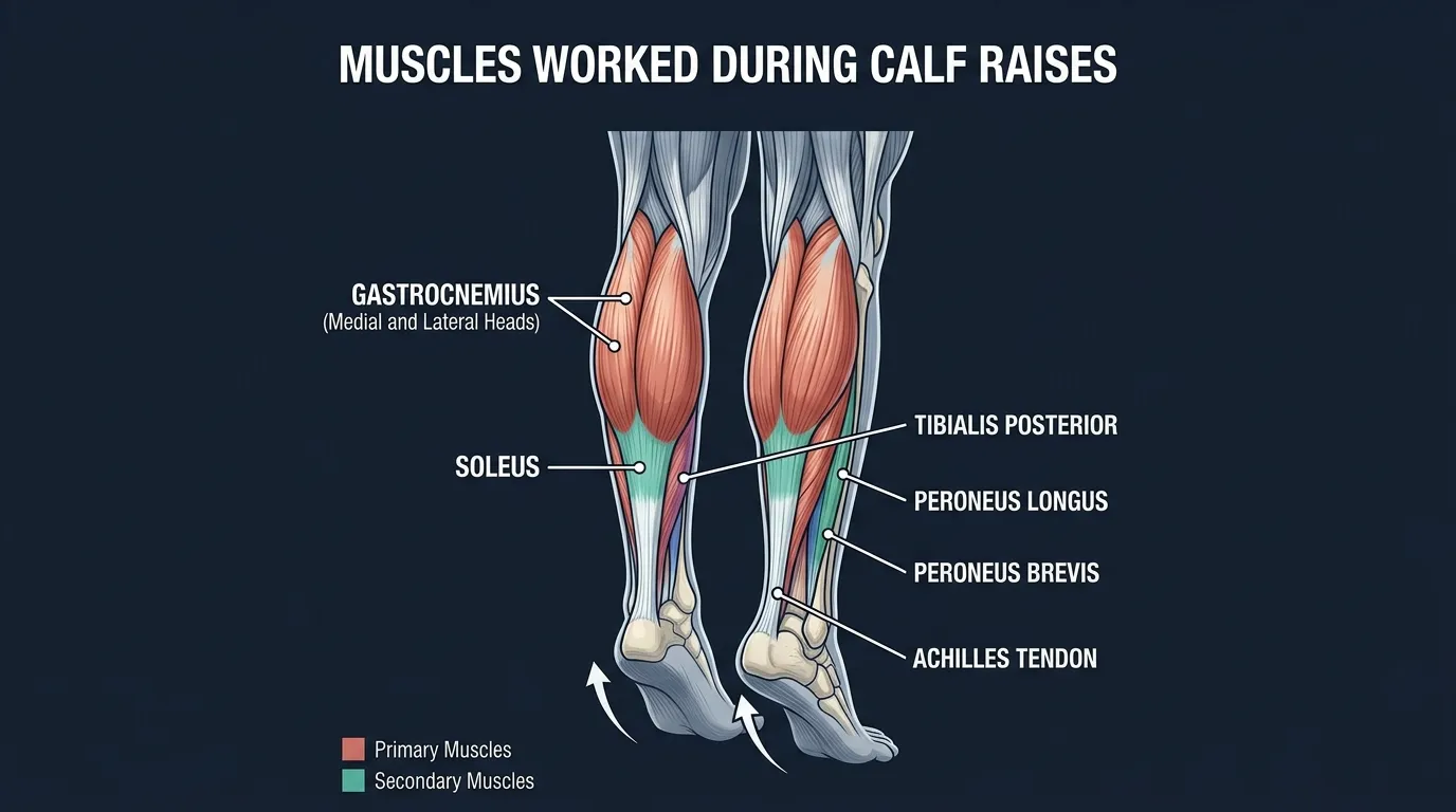 Calf raise muscles activated: gastrocnemius (two-headed superficial calf muscle that crosses the knee) and soleus (deeper single-joint plantarflexor) as primary movers, with the tibialis posterior, peroneals, and small foot intrinsic muscles as ankle stabilizers