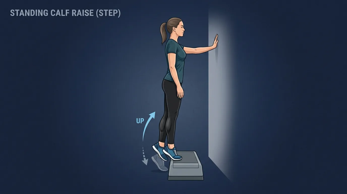 Proper dumbbell calf raise form showing upright torso, weight tracking through the balls of the feet over the big and second toe, full plantarflexion at the top of the rep, and the controlled eccentric descent path