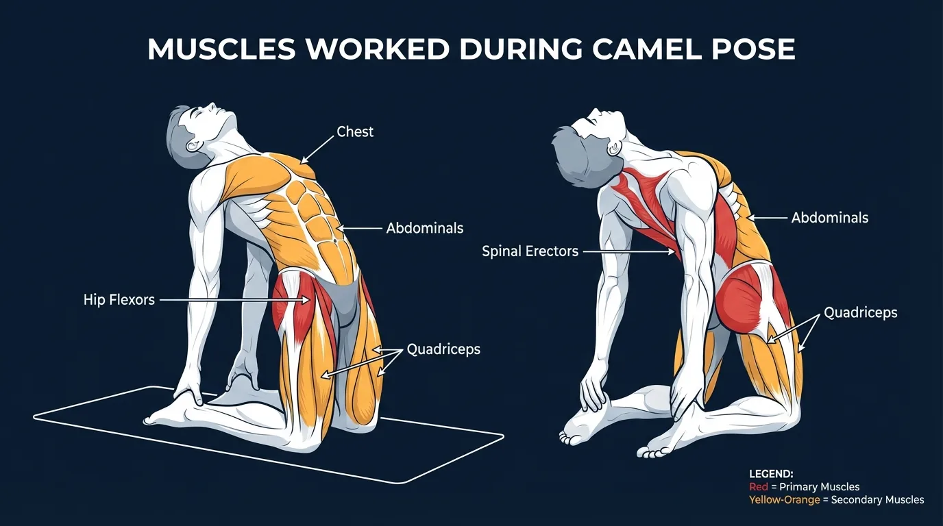Camel pose muscles targeted diagram showing erector spinae, rhomboids, and glutes strengthened with hip flexors, quadriceps, and chest stretched