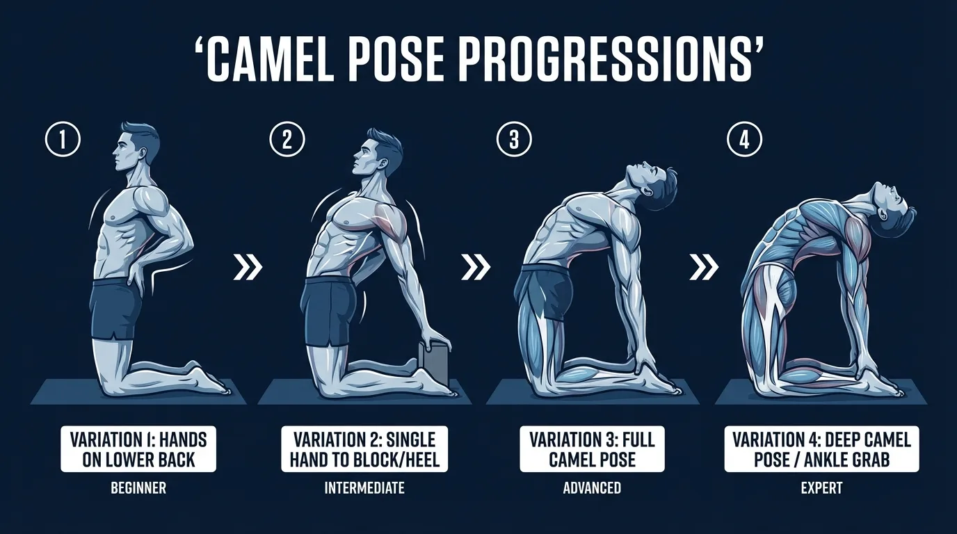 Camel pose progression from hands-on-hips supported version through toes-tucked modification to full ustrasana with hands on heels