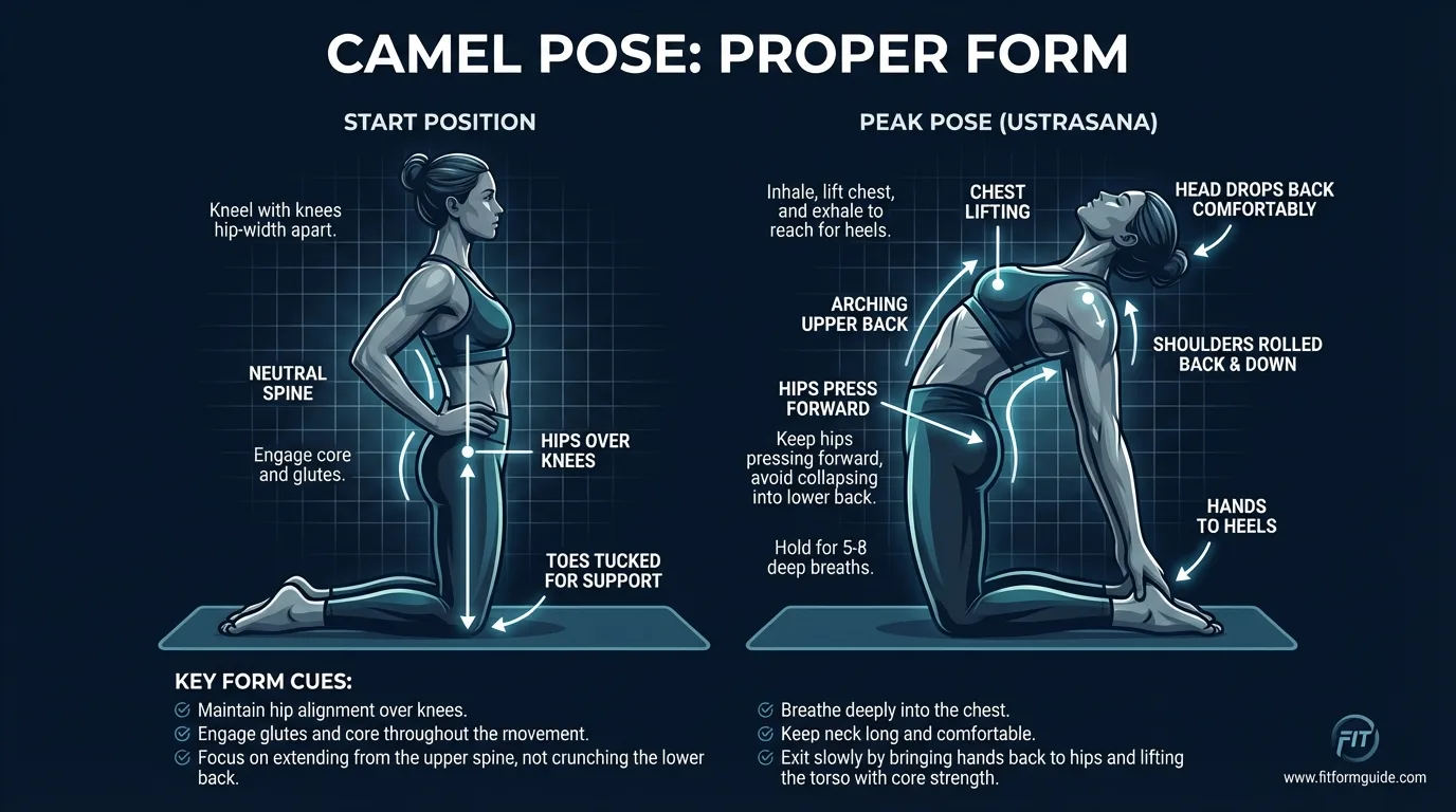 Camel pose proper form showing kneeling position with hips over knees, chest lifted, and hands reaching to heels with even spinal extension