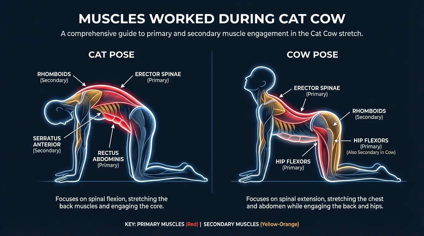 Diagramm der bei Katze Kuh beanspruchten Muskeln zeigt aktivierte Erector spinae in der Kuh-Phase und aktivierten Rectus abdominis in der Katze-Phase mit sekundärem Serratus anterior und Rhomboideus