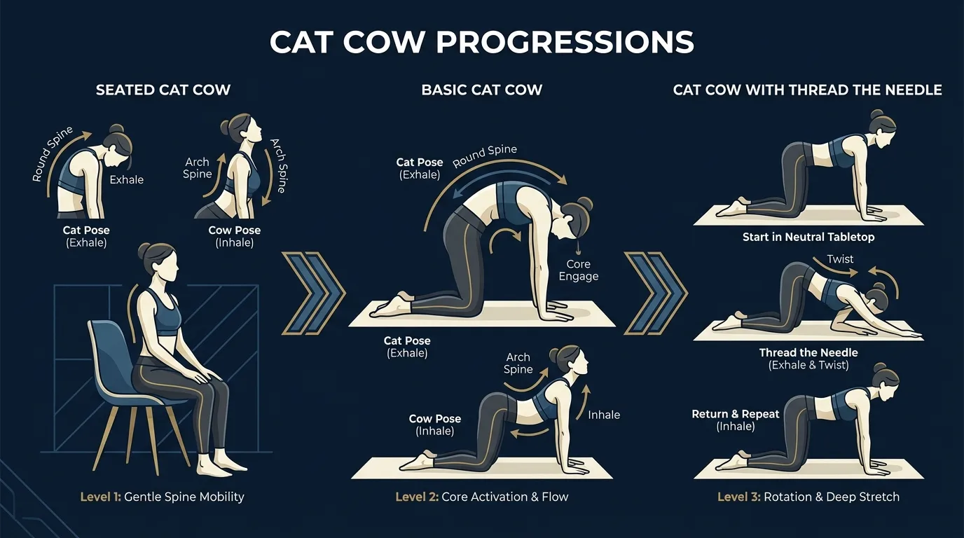 Katze-Kuh-Progression von sitzender Katze Kuh auf Stuhl zu einfacher Katze Kuh auf allen Vieren zu Katze Kuh mit Faden-durch-die-Nadel-Rotation