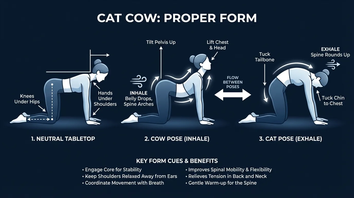 Korrekte Form bei Katze Kuh zeigt neutralen Vierfüßlerstand, Kuh-Position mit sinkendem Bauch und gewölbter Wirbelsäule und Katze-Position mit zur Decke gerundeter Wirbelsäule