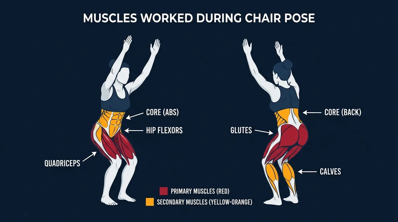 Chair pose muscles targeted diagram showing quadriceps and glutes as primary muscles with core, calves, and deltoids as secondary