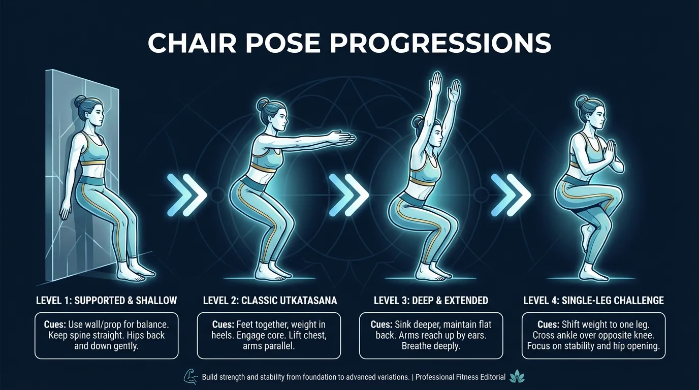 Chair pose progression from wall-supported to standard utkatasana to revolved chair to one-legged chair