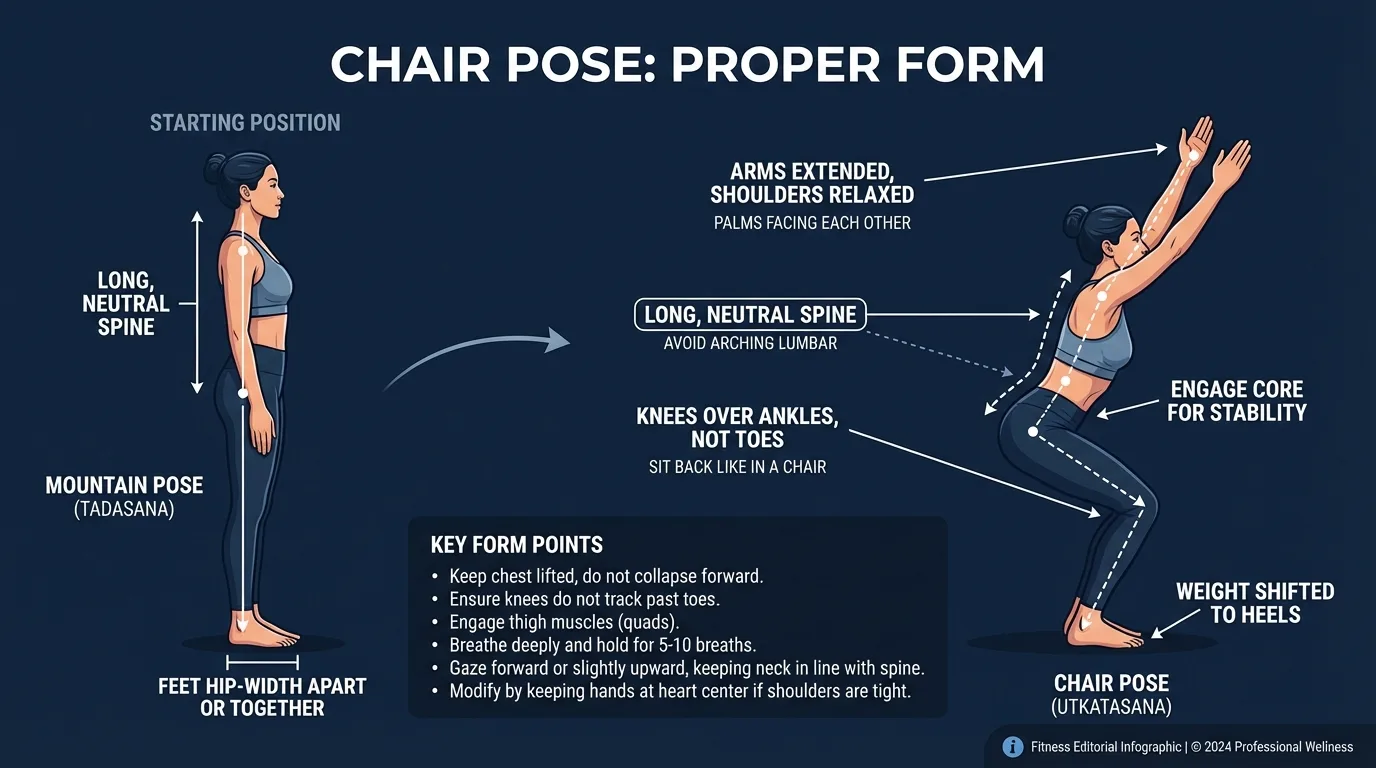 Chair pose proper form showing standing start position and seated hold with knees behind toes, spine long, arms overhead