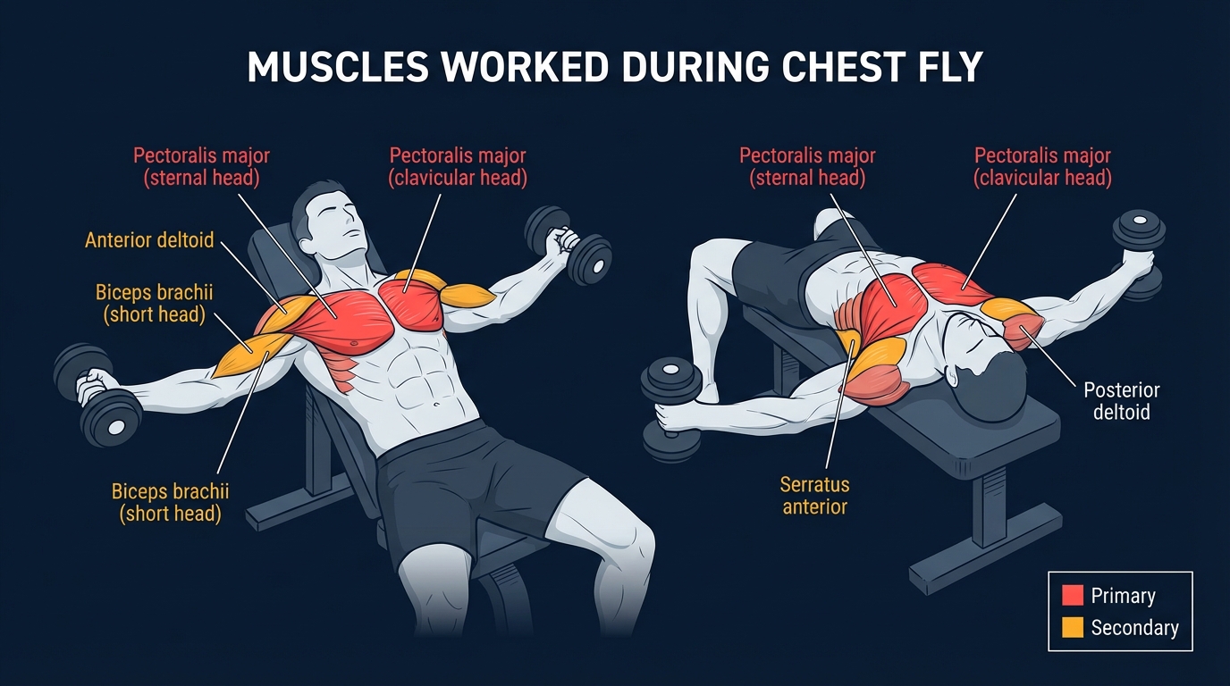 Chest fly muscles targeted diagram showing pectoralis major sternal and clavicular heads, anterior deltoid, biceps short head, and serratus anterior activation during the dumbbell fly movement