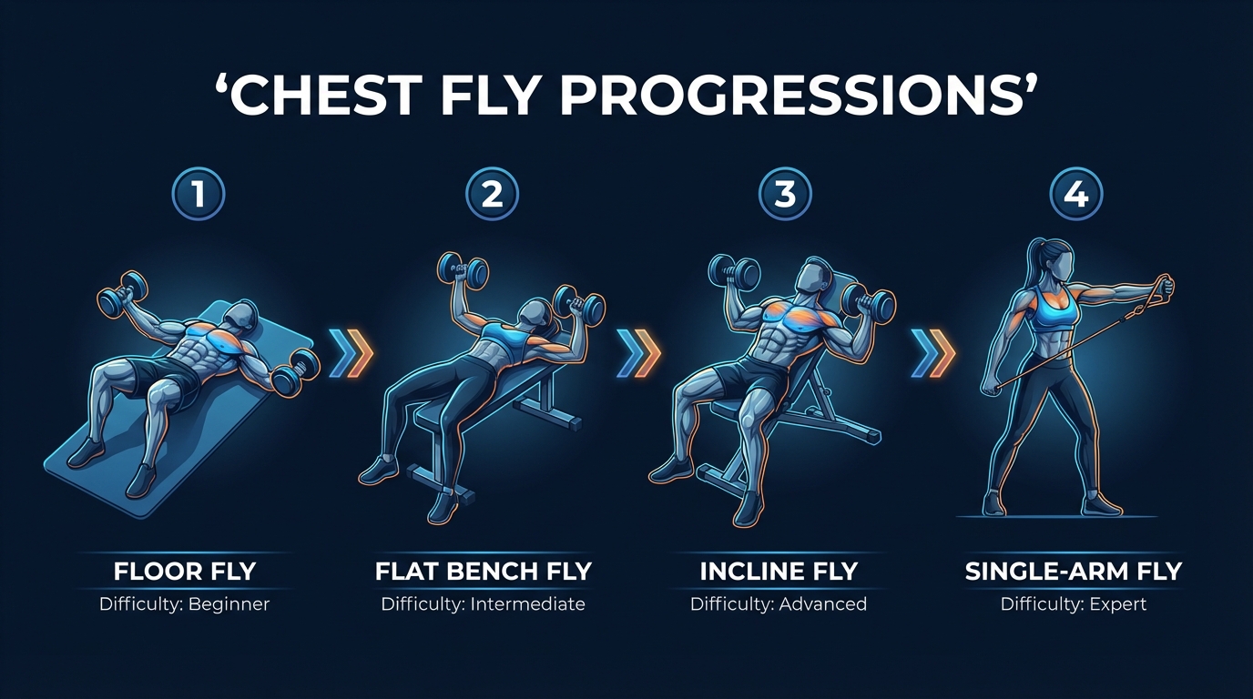 Chest fly progression from floor fly to flat bench fly to incline fly to single-arm fly, showing increasing difficulty levels