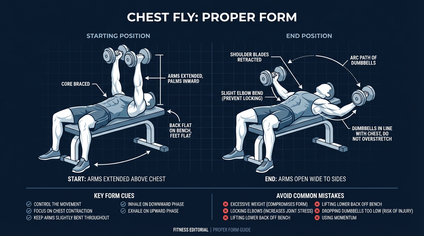 Dumbbell chest fly proper form showing start position with arms extended above chest and end position with arms open wide, slight elbow bend maintained throughout the arc