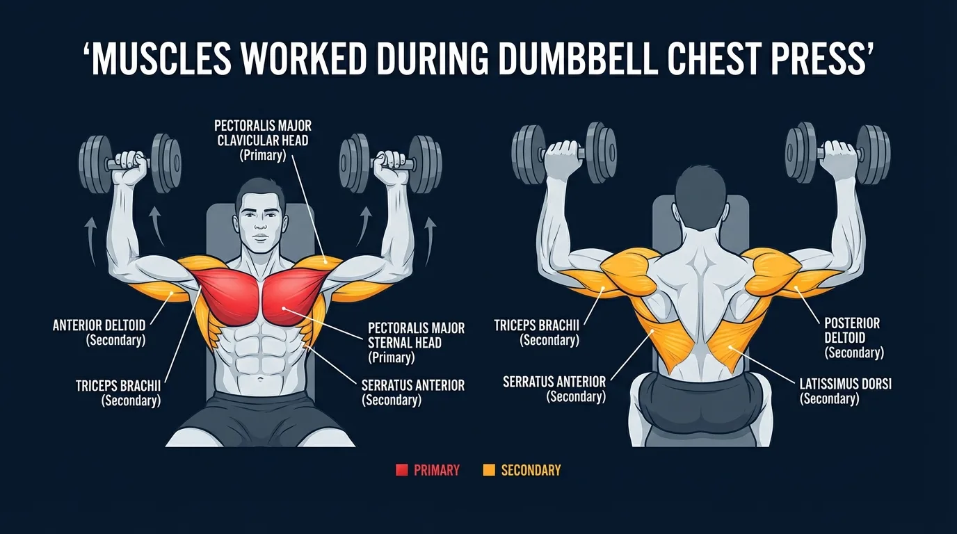 Dumbbell chest press muscles targeted diagram showing pectoralis major sternal and clavicular heads, anterior deltoid, triceps brachii, and serratus anterior activation during the pressing movement