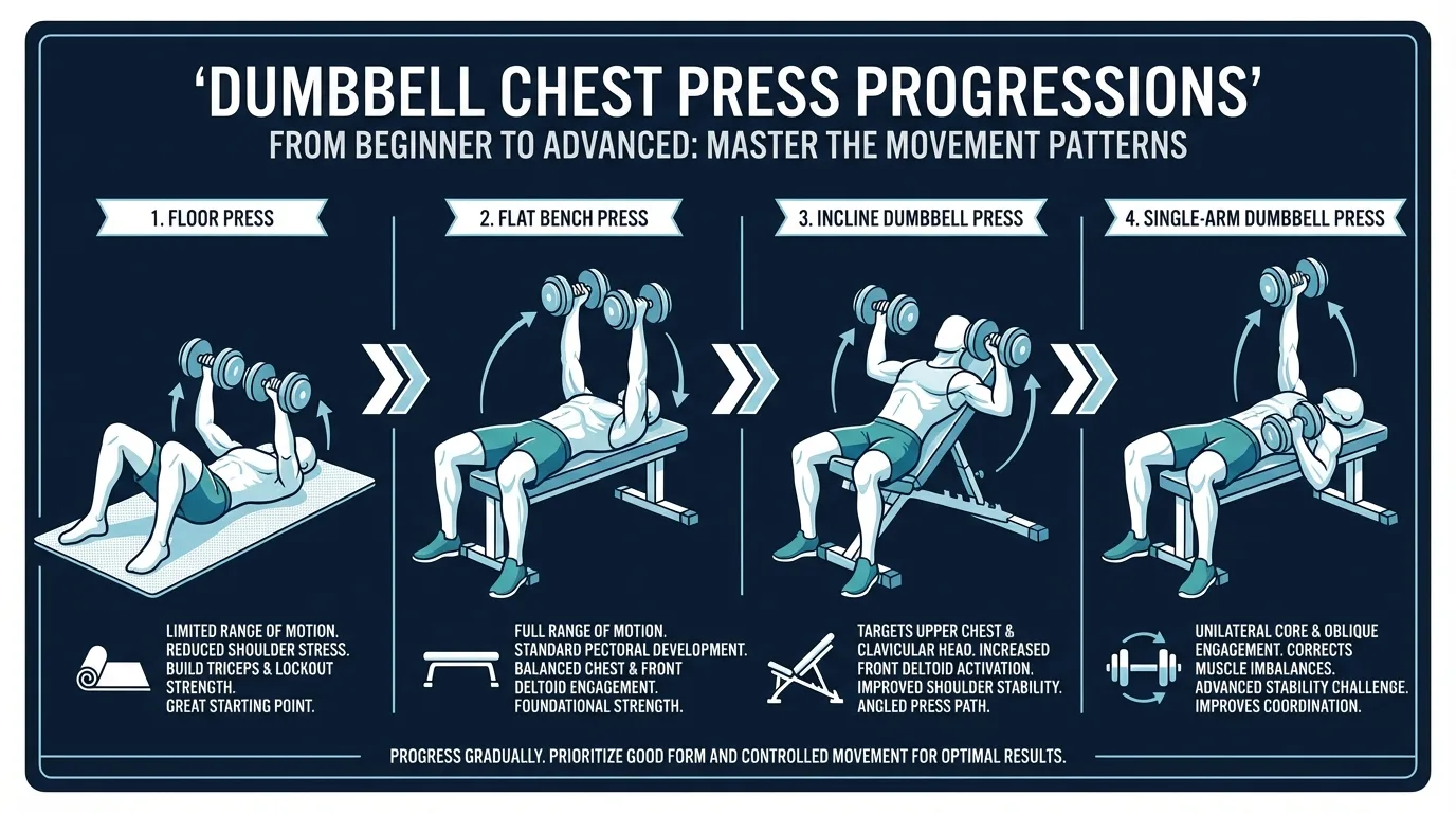 Dumbbell chest press progression from floor press to flat bench press to incline press to single-arm press, showing increasing difficulty levels