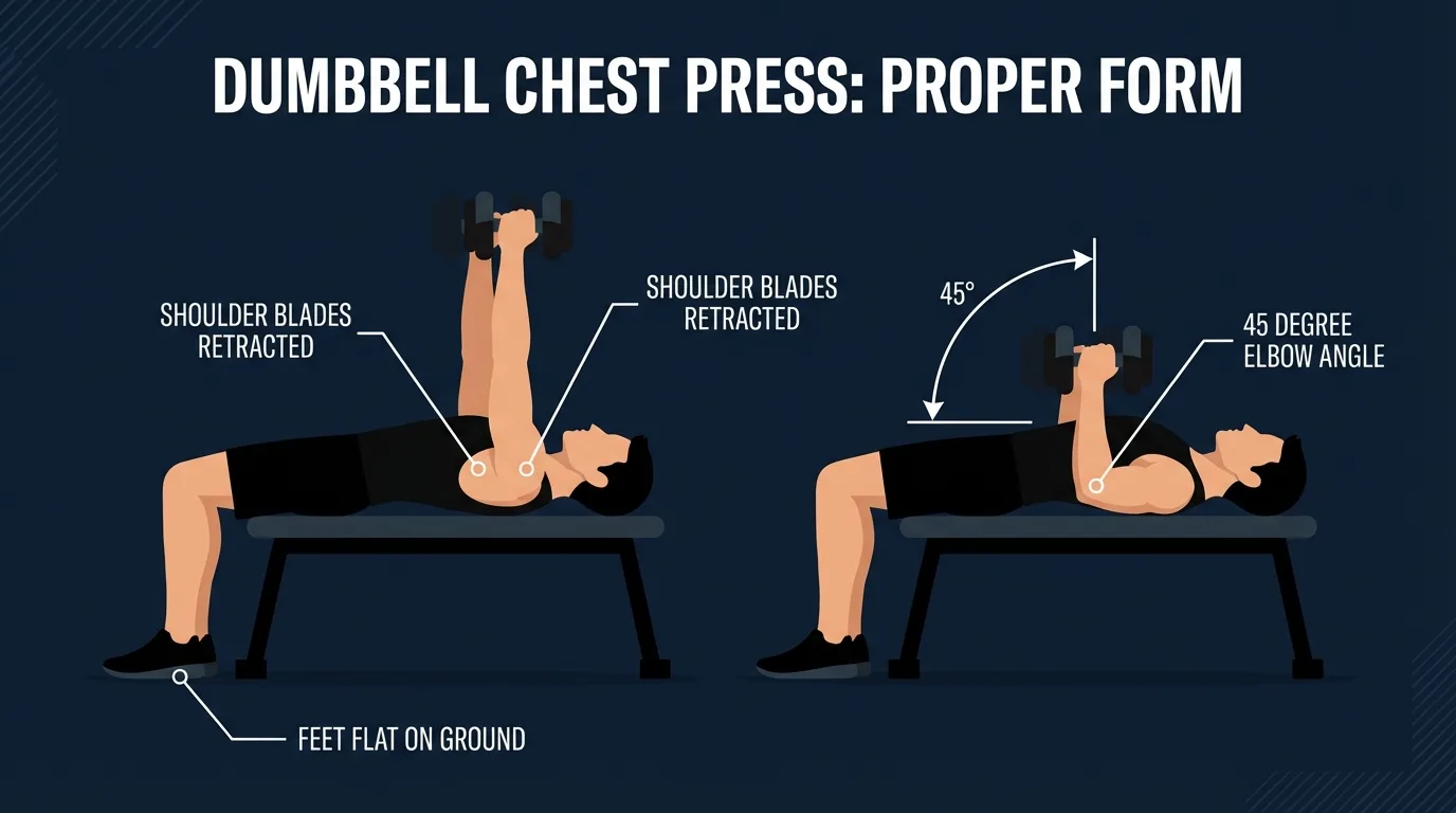 Dumbbell chest press proper form showing start position with arms extended above chest and bottom position with dumbbells at chest level, elbows at 45 degrees, shoulder blades retracted