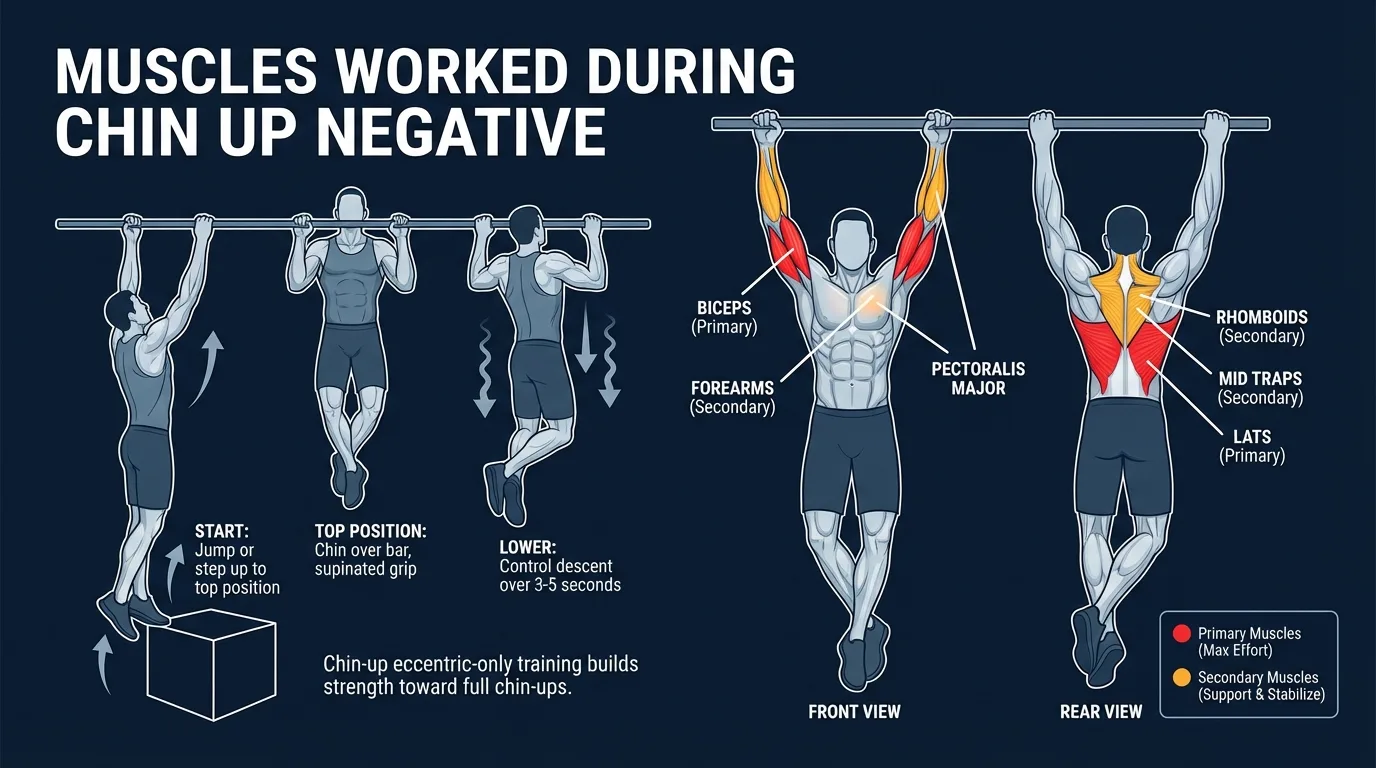 Chin up negative muscles targeted diagram showing biceps brachii and latissimus dorsi as primary movers during eccentric lowering with brachialis, posterior deltoid, rhomboids, and lower trapezius as secondary muscles