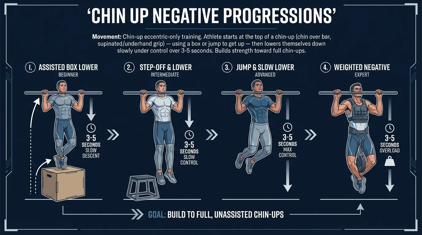 Chin up negative progression path from dead hangs to flexed-arm hangs to 5-second negatives to 10-second negatives to full chin ups with difficulty levels