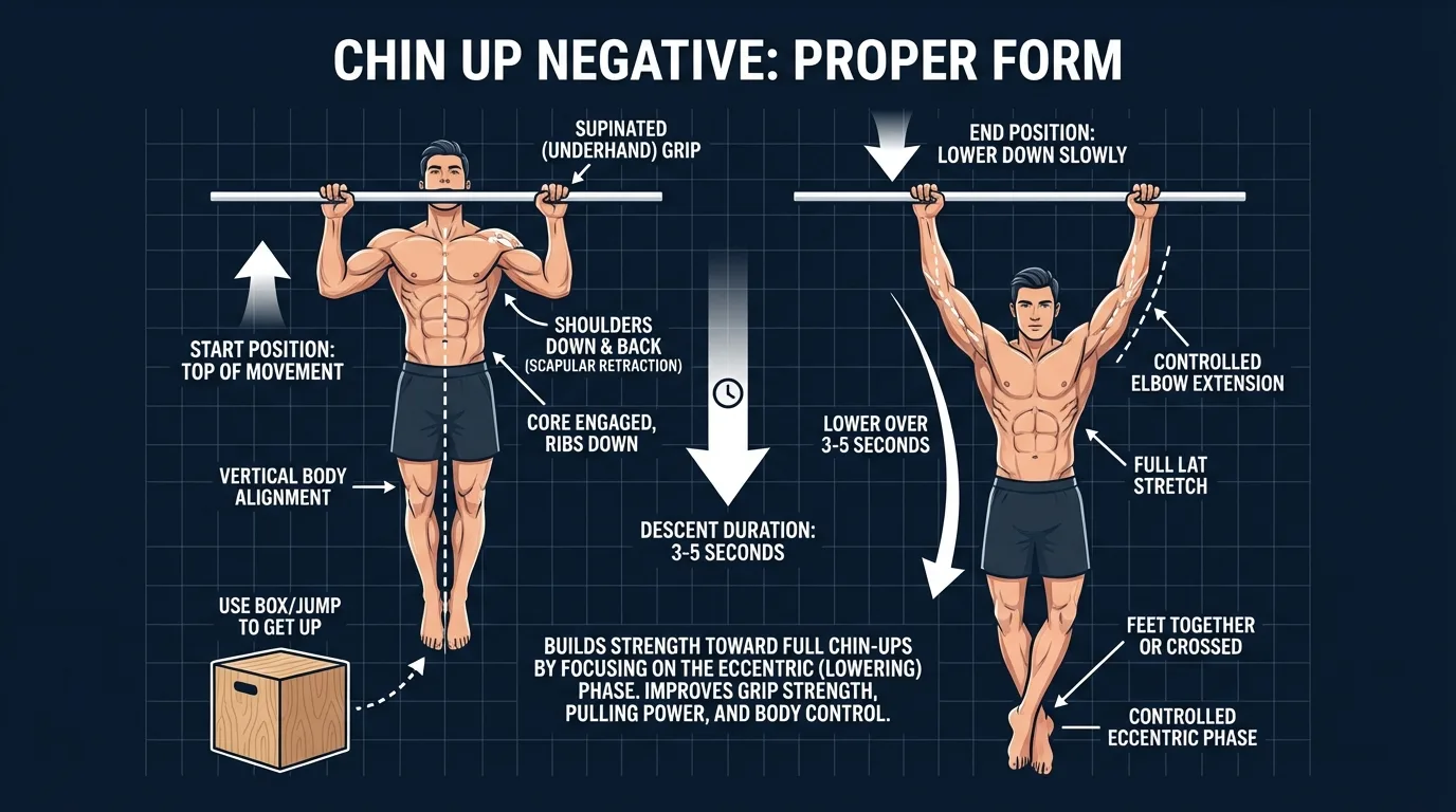 Chin up negative proper form showing the controlled descent from chin above bar to full arm extension, with 5-second tempo markers and supinated underhand grip detail