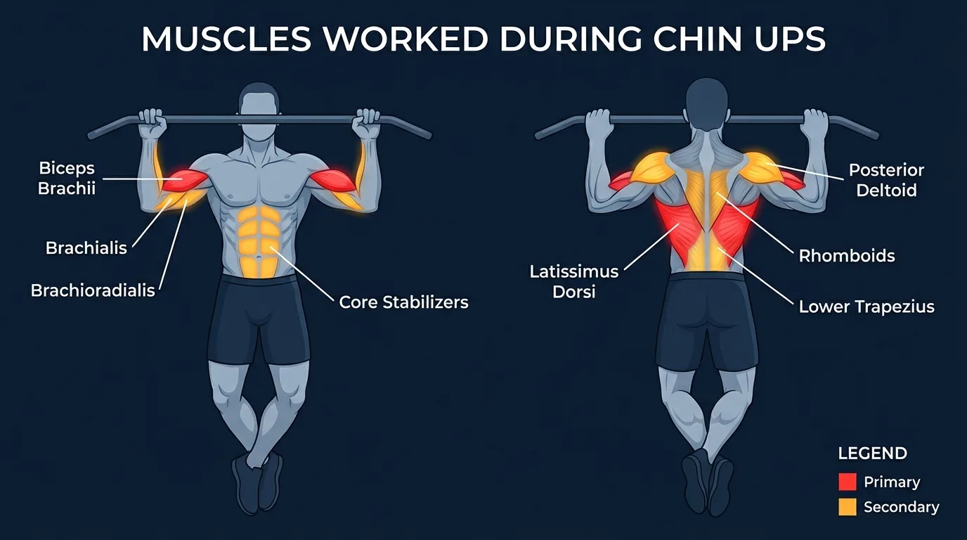 Klimmzug Muskeldiagramm zeigt Bizeps brachii und Latissimus dorsi als Hauptmuskeln mit Brachialis, hinterem Deltoid, Rhomboiden und unterem Trapezius als sekundaere Muskeln