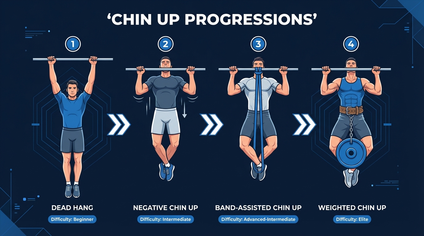 Chin up progressions from dead hang to negative chin ups to band-assisted chin ups to weighted chin ups with difficulty levels