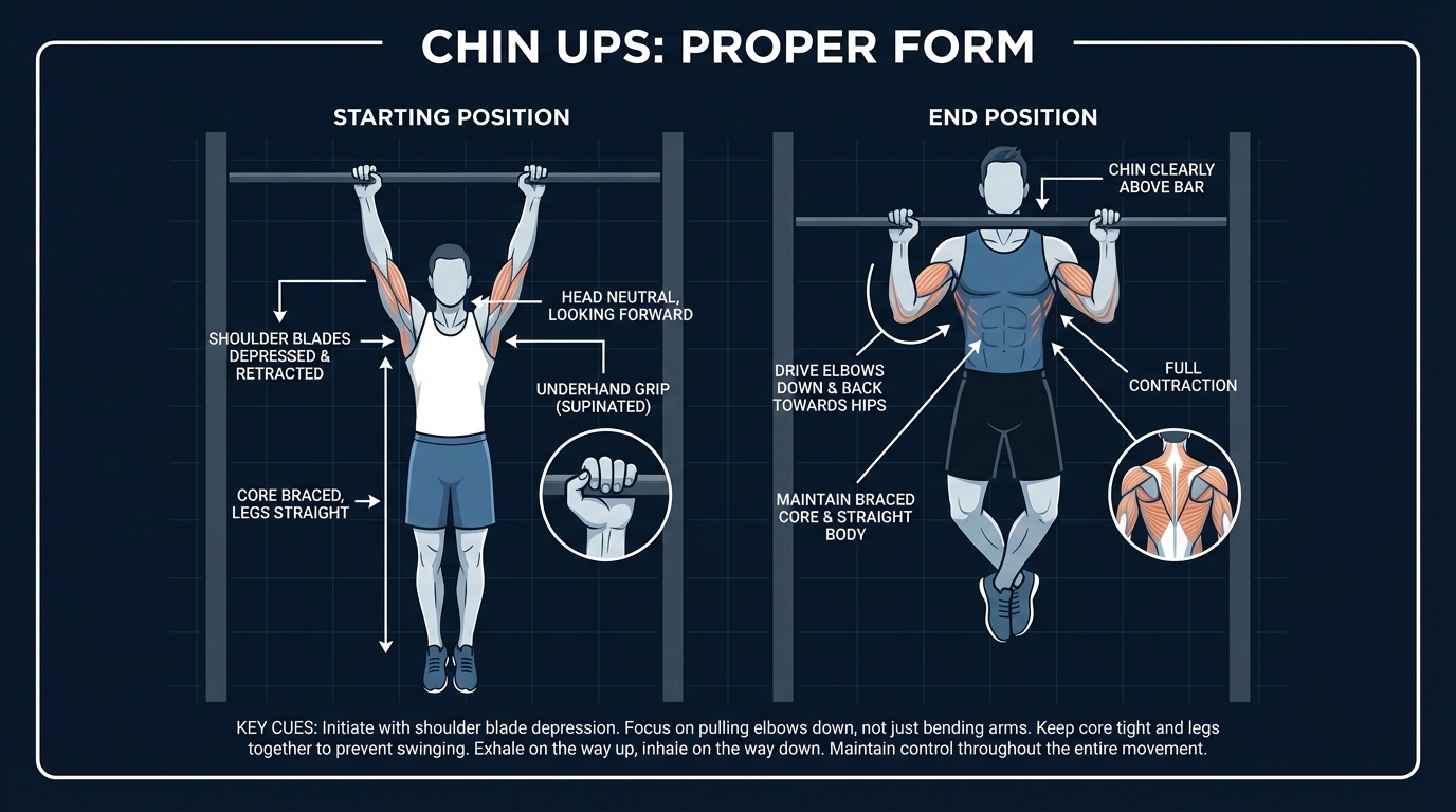 Chin up proper form showing starting dead hang position with packed shoulders and finish position with chin clearly above the bar, underhand supinated grip
