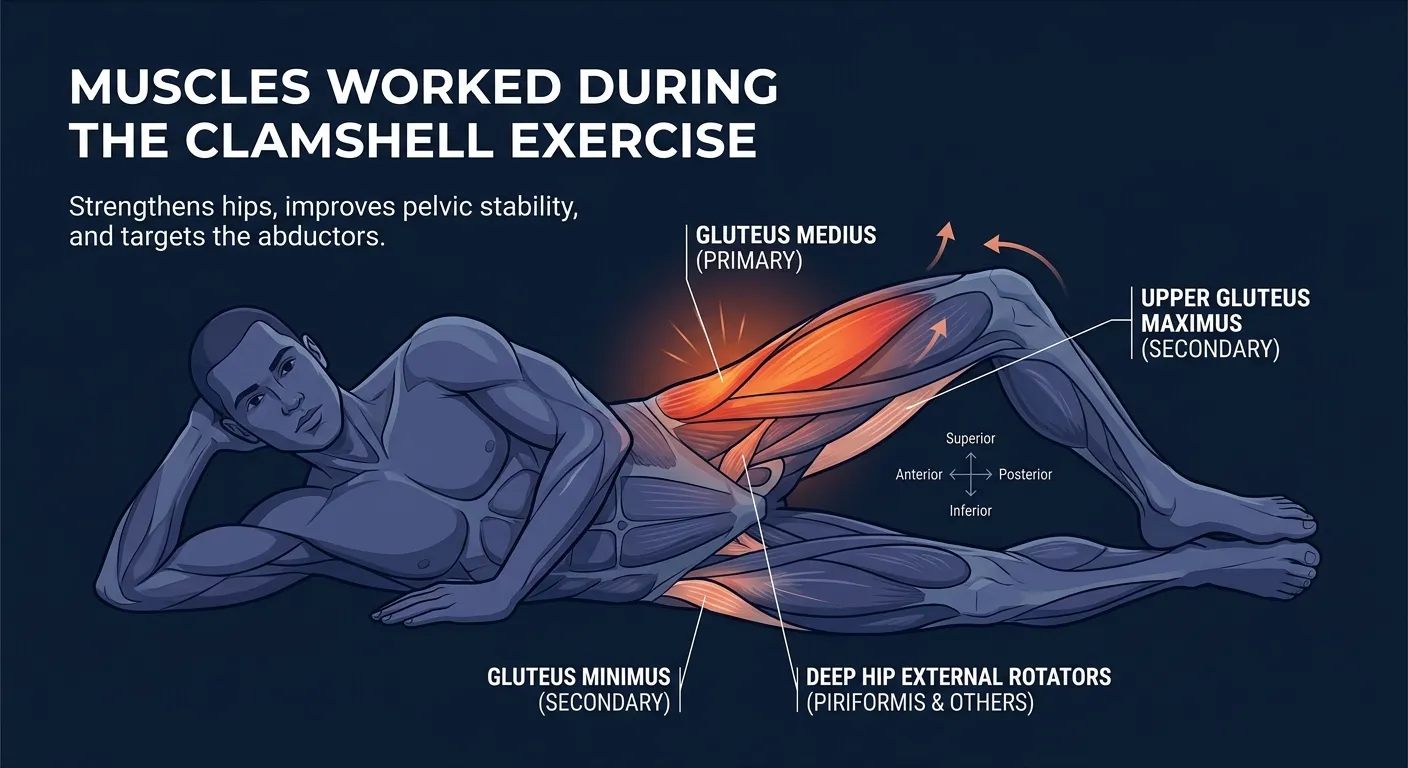 Clamshell muscles activated: gluteus medius on the side of the upper hip as the primary mover, with gluteus minimus, deep hip external rotators, and upper gluteus maximus as secondary movers, plus lateral core as a stabilizer