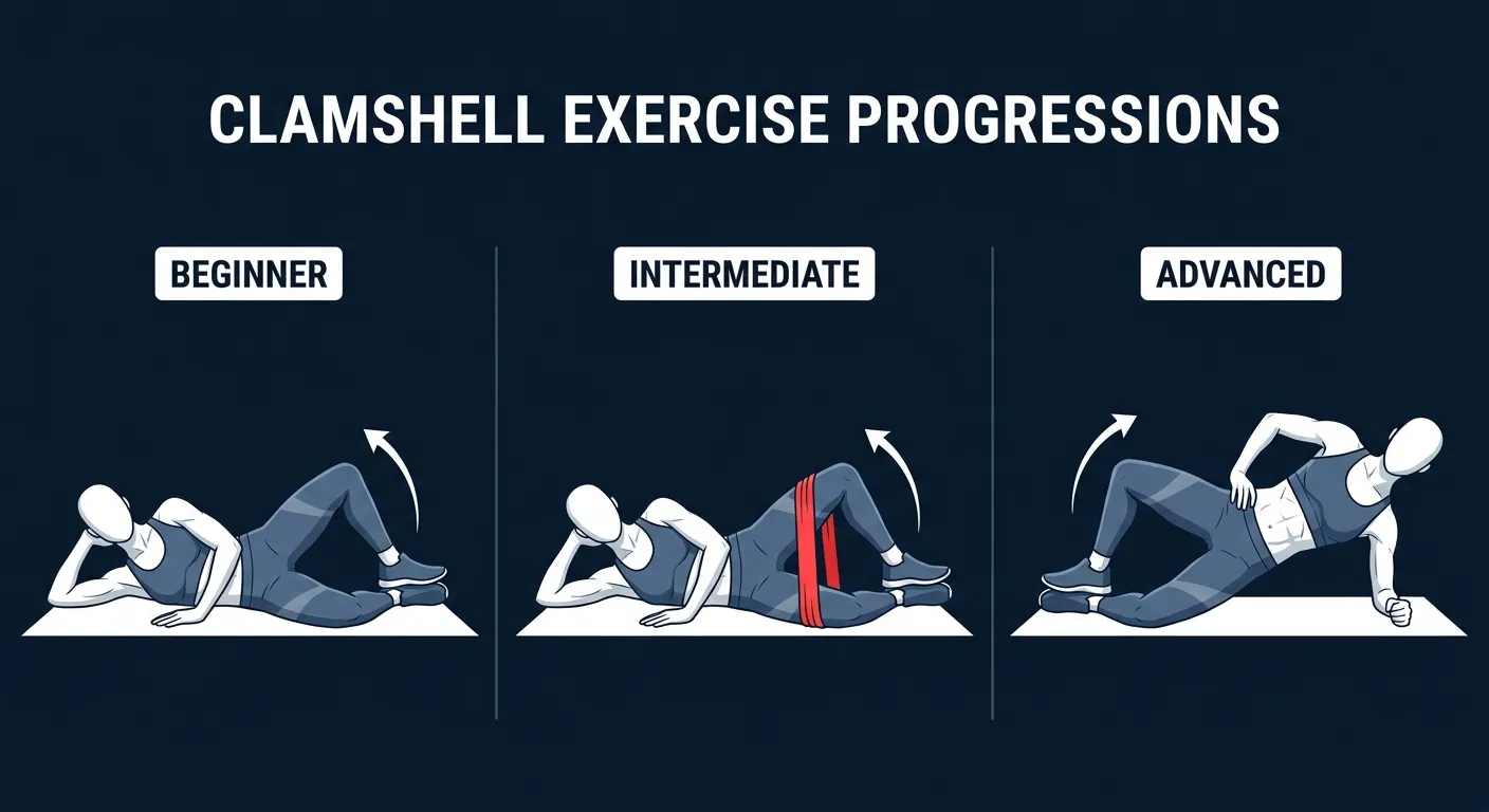 Clamshell progression sequence: standard bodyweight version, banded version with mini resistance band above the knees, and advanced side-plank clamshell with hips lifted off the floor