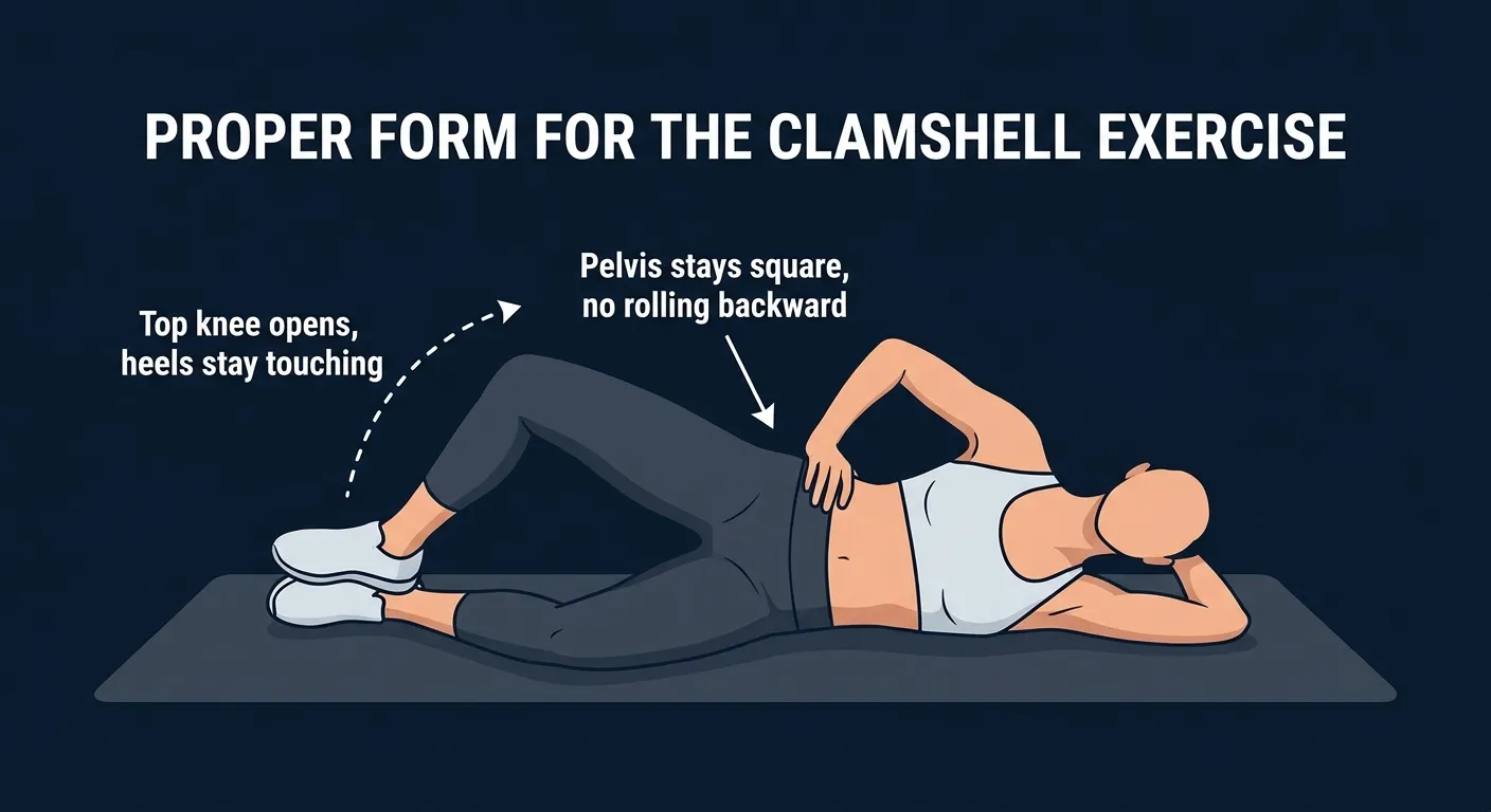 Clamshell proper form: side-lying with hips and shoulders stacked vertically, knees bent at 45 degrees with heels touching, and the top knee rotated open toward the ceiling while the pelvis stays square