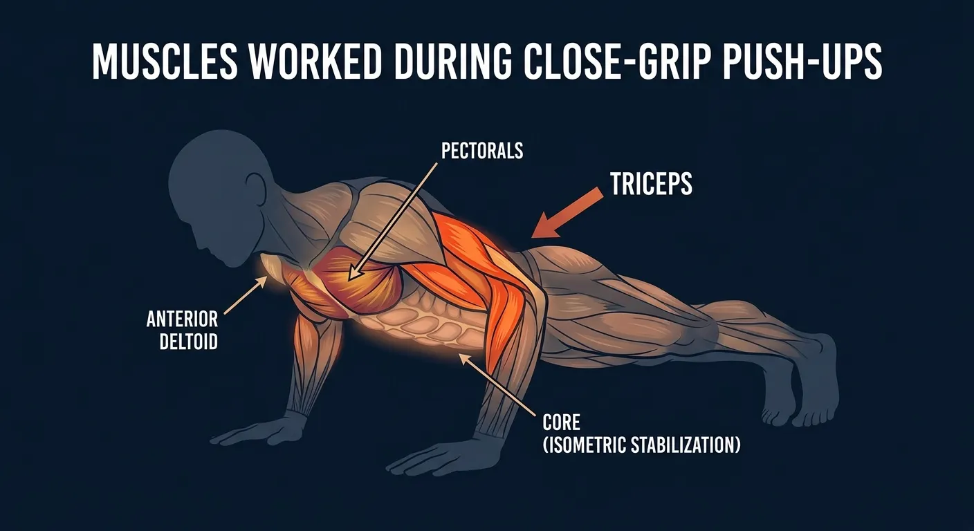 Close-grip push-up muscles activated: triceps brachii (long, lateral, and medial heads) as primary movers, with inner fibers of the pectoralis major and anterior deltoids as secondary movers, and the core, scapular stabilizers, and serratus anterior firing isometrically to hold the plank