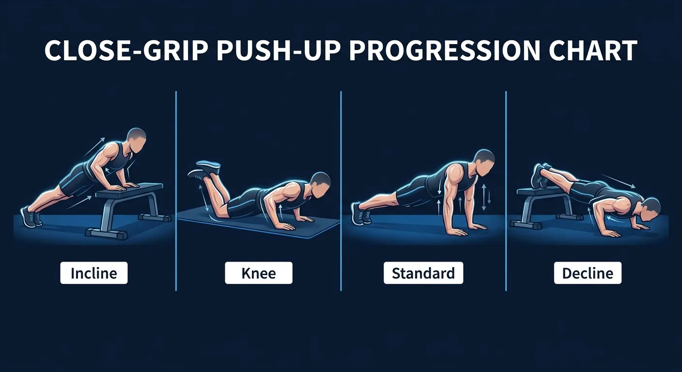 Close-grip push-up progression sequence from incline (beginner) to knee (beginner-intermediate) to standard floor (intermediate) to feet-elevated decline (advanced)