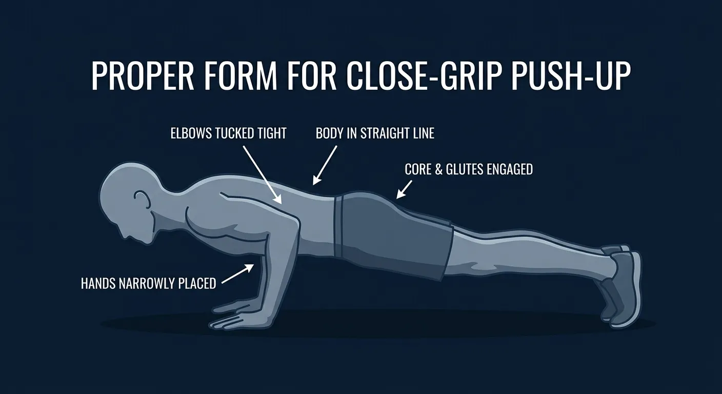 Close-grip push-up proper form at the bottom position: hands at shoulder-width, elbows tucked to about 30 degrees brushing the ribcage, body in a rigid plank from head to heels, chest a fist's height above the floor