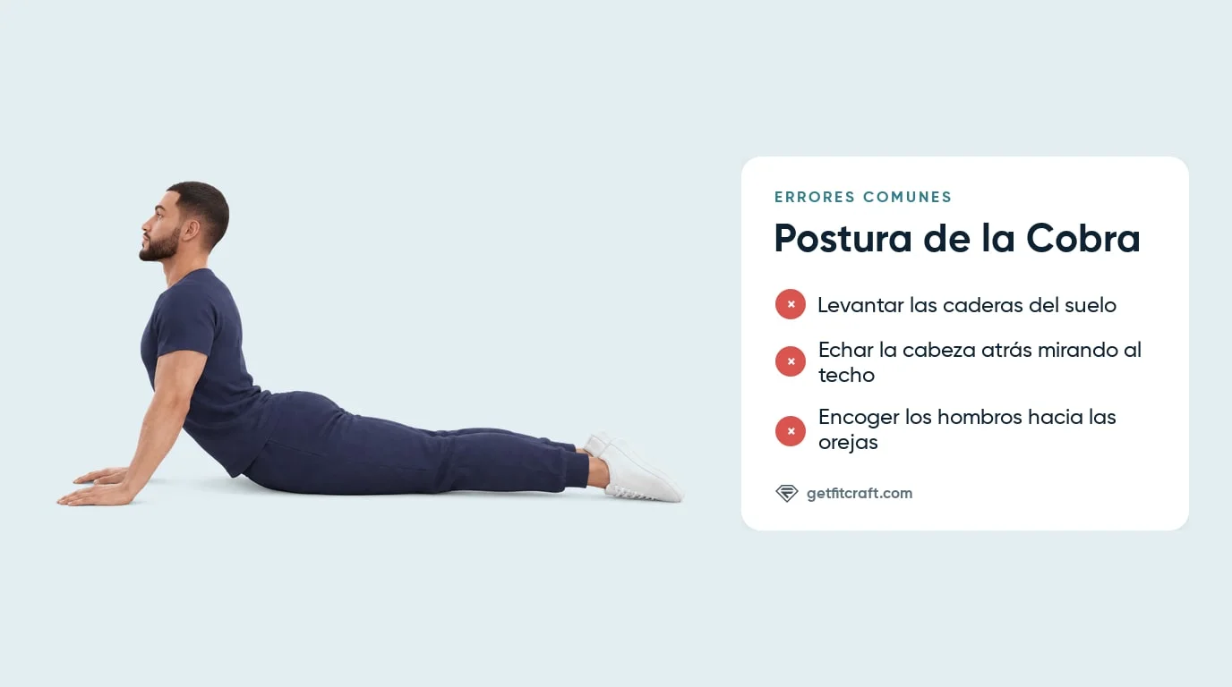 Postura de la cobra, errores comunes junto a la posición alta correcta: caderas abajo, brazos casi estirados, cuello largo