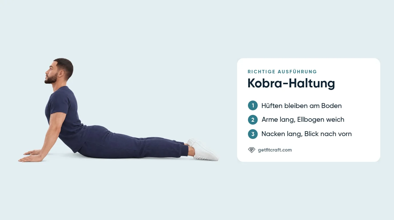 Kobra-Haltung mit korrekter Form von der Seite: Hüften am Boden, Arme fast gestreckt, Ellbogen gebeugt, Nacken lang