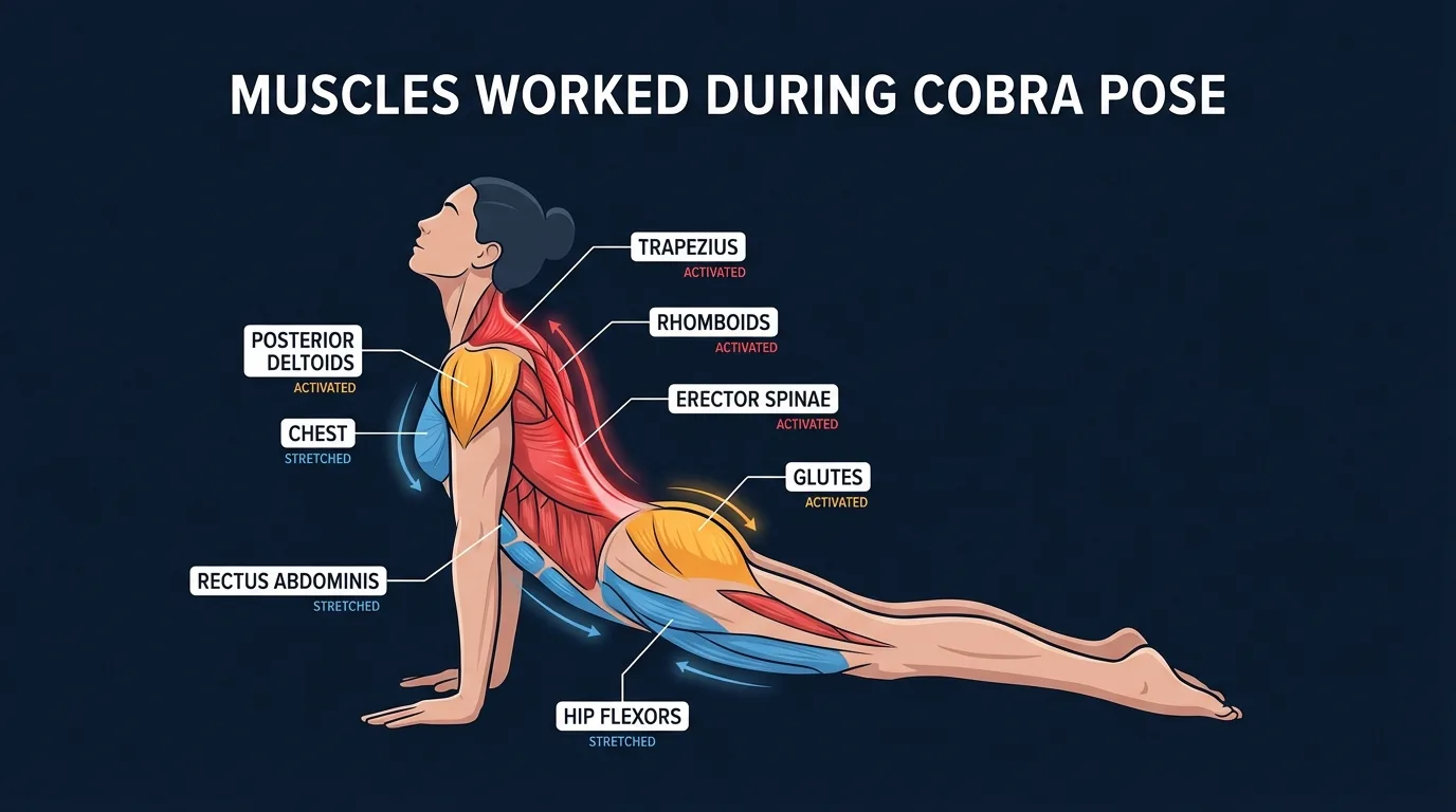 Cobra pose muscles targeted diagram showing erector spinae, rhomboids, and trapezius strengthened with rectus abdominis and hip flexors stretched