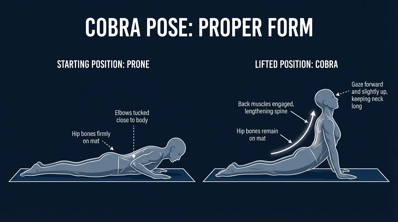 Cobra pose proper form showing prone starting position and lifted cobra position with elbows tucked, hip bones on mat, and back muscles engaged
