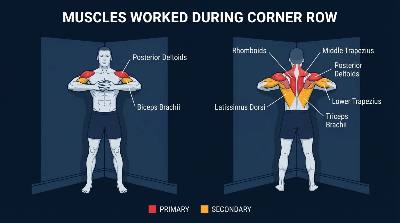 Corner row muscles targeted diagram showing rhomboids, middle trapezius, and rear deltoids as primary movers with lats, biceps, and core as secondary muscles