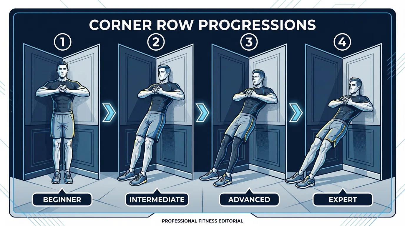 Corner row progression from upright standard angle to deep horizontal angle to tempo variation with hold at peak contraction, showing increasing difficulty