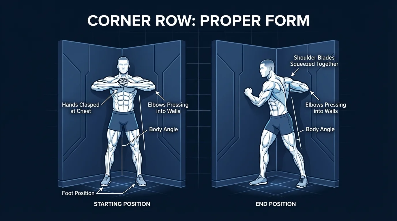 Corner row proper form showing leaned-back start position gripping wall corner and pulled-in position with chest near wall edge, shoulder blades retracted
