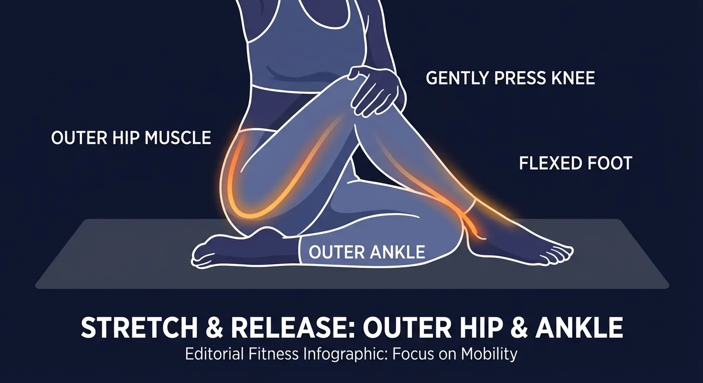 Cross-legged ankle stretch muscles targeted diagram showing peroneal muscles, outer hip rotators, and glute medius activation