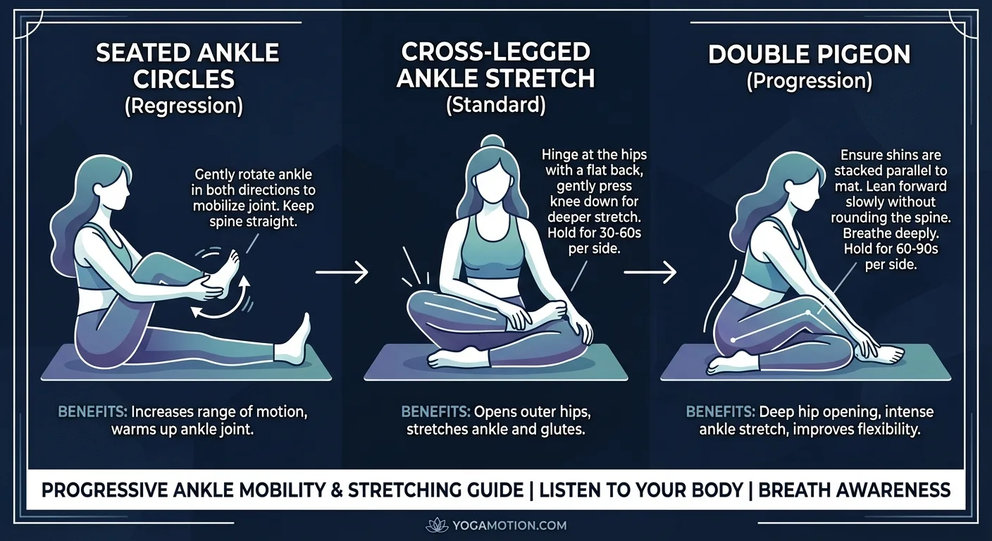 Cross-legged ankle stretch progressions from seated ankle circles to forward fold variation to double pigeon pose