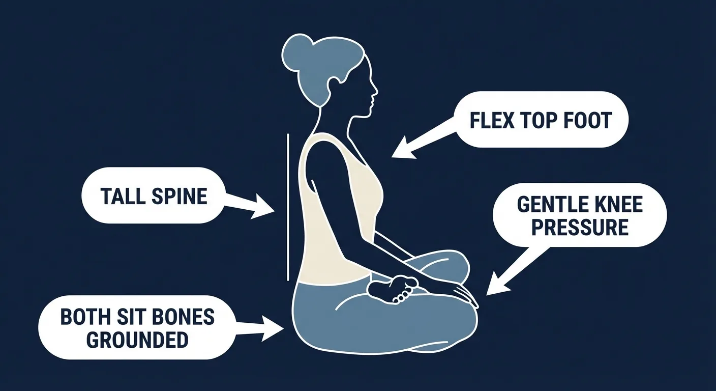 Cross-legged ankle stretch proper form showing flexed top foot, tall spine, and gentle knee pressure