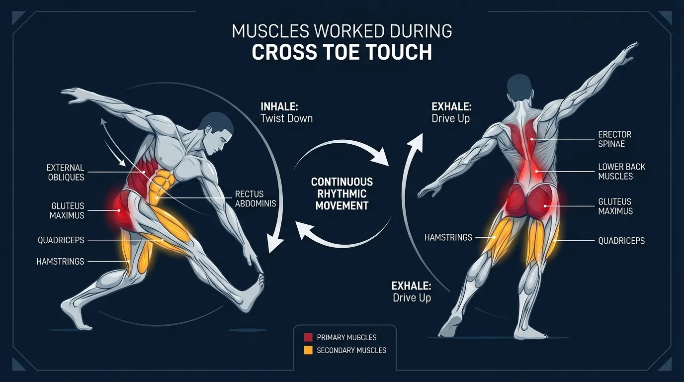 Cross toe touches muscles targeted diagram showing obliques, rectus abdominis, hamstrings, erector spinae, deltoids, and glutes highlighted on a human figure
