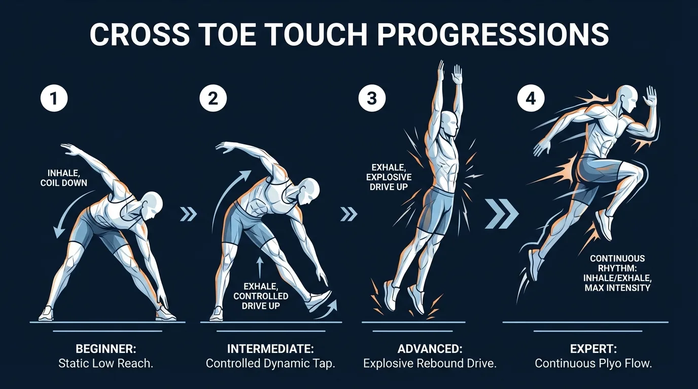 Cross toe touches progression chart from slow shin-tap reaches to standard cross toe touches to fast-tempo cross toe touches with knee drive
