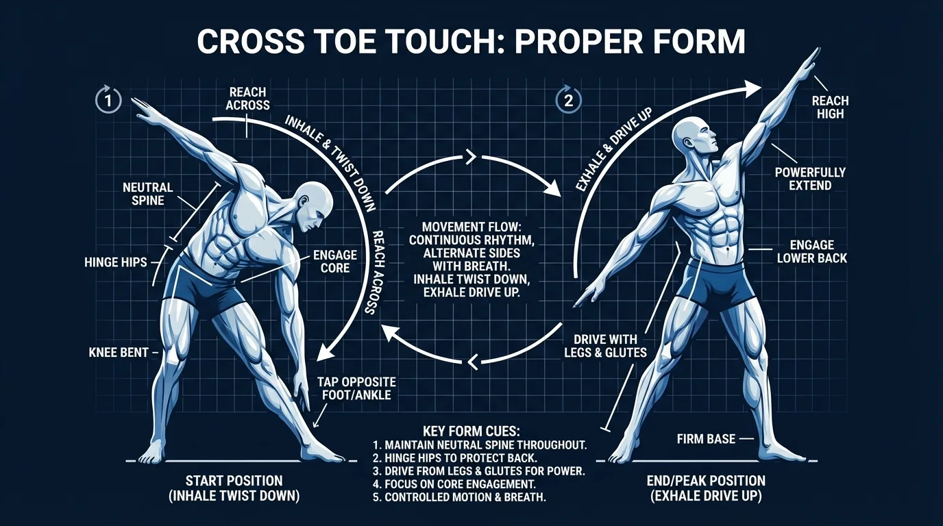 Cross toe touches proper form showing a standing athlete coiling down with a twist to tap one hand across to the opposite ankle, then driving back up out of the twist