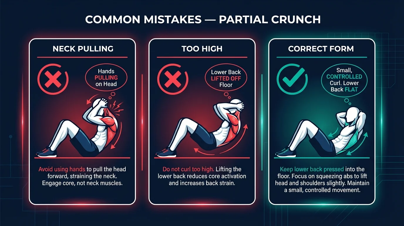 Common partial crunch mistakes diagram showing neck pulling, excessive range of motion, and momentum-based movement